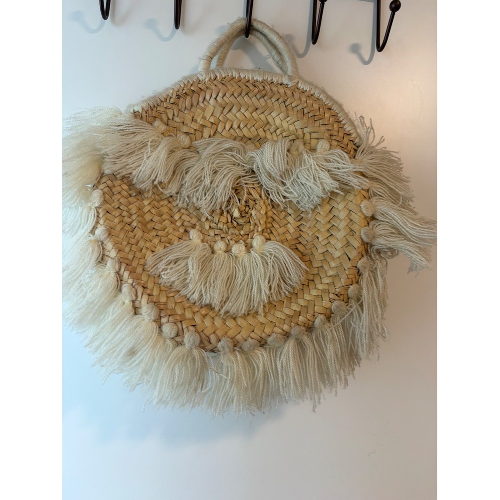 Boho Straw Circle Bag Fringe Tassel Round Woven Tote Natural Tan Cream Handbag